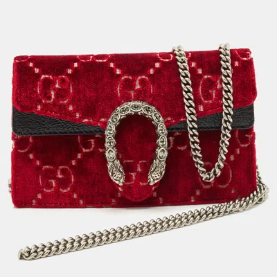 Pre-owned Gucci Red Gg Velvet And Patent Leather Super Mini Dionysus Bag