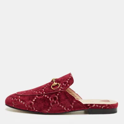 Pre-owned Gucci Red Gg Velvet Princetown Flat Mules Size 37.5