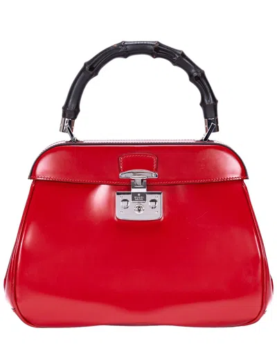 Gucci Red Glazed Calfskin Leather Lady Lock Bamboo Top Handle