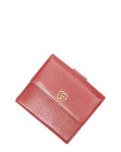 Pre-owned Gucci Red Grained Calfskin Leather Gg Marmont Compact Wallet (authentic Pre-  Loved)