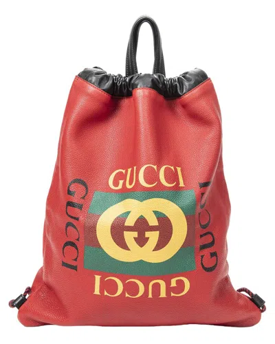 Pre-owned Gucci Red Grained Leather Logo Drawstring Backpack (authentic Pre-loved)