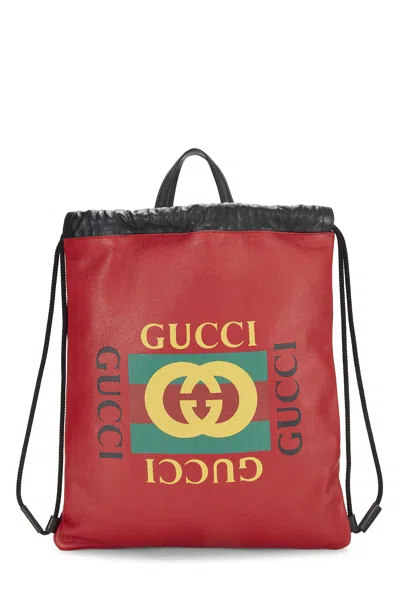 Pre-owned Gucci Red Grained Leather Logo Drawstring Backpack Large