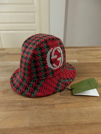 Pre-owned Gucci Red Green Gg Logo Houndstooth Wool Fedora Bucket Hat