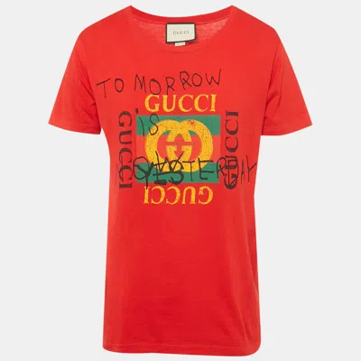 Pre-owned Gucci Red Jersey Tomorrow Is Now Yesterday Print T-shirt S