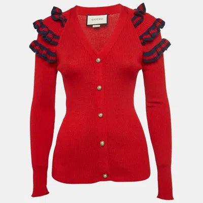 Pre-owned Gucci Red Knit Ruffled Buttoned Cardigan S