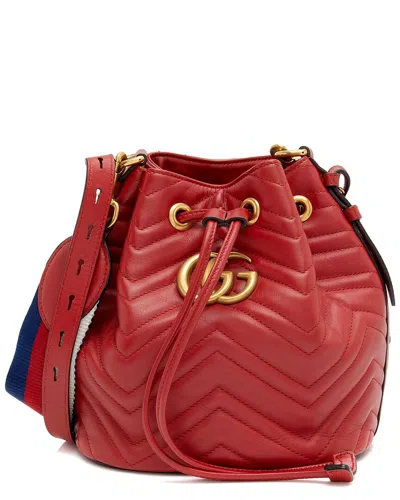 Gucci Red Leather & Nylon Gg Marmont Bucket Bag (authentic Pre-loved)