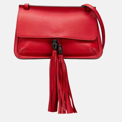 Pre-owned Gucci Red Leather Bamboo Daily Medium Crossbody Bag