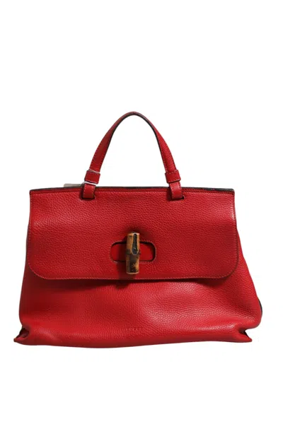 Pre-owned Gucci Red Leather Bamboo Daily Tote Crossbody Women's Bag ()