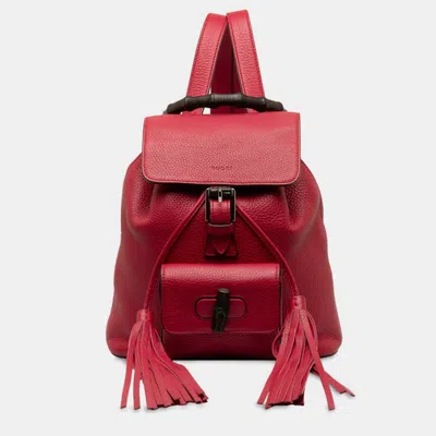 Pre-owned Gucci Red Leather Bamboo Fringe Backpack