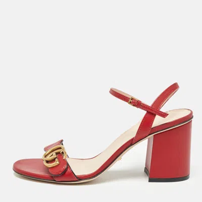 Pre-owned Gucci Red Leather Gg Marmont Ankle Strap Sandals Size 37