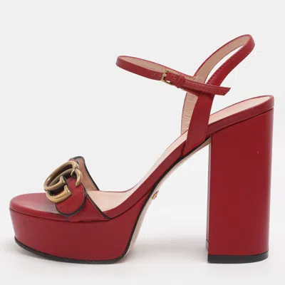 Pre-owned Gucci Red Leather Gg Marmont Ankle Strap Sandals Size 38