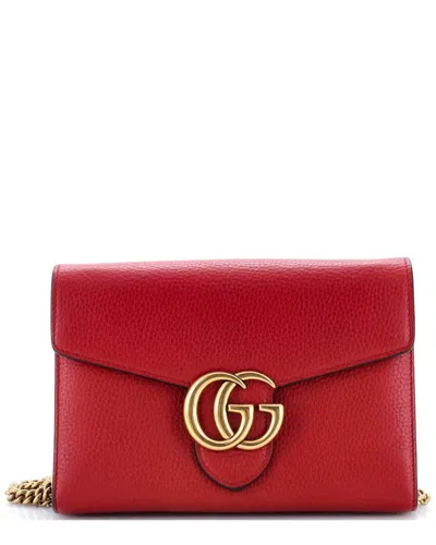 Pre-owned Gucci Red Leather Gg Marmont Chain Wallet Mini (authentic Pre-loved)