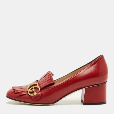 Pre-owned Gucci Red Leather Gg Marmont Fringe Block Heel Pumps Size 39