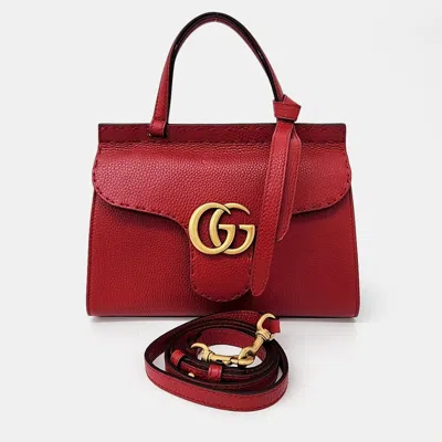 Pre-owned Gucci Red Leather Gg Marmont Mini Tote And Shoulder Bag