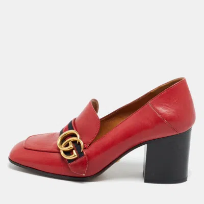Pre-owned Gucci Red Leather Gg Marmont Web Loafer Pumps Size 37