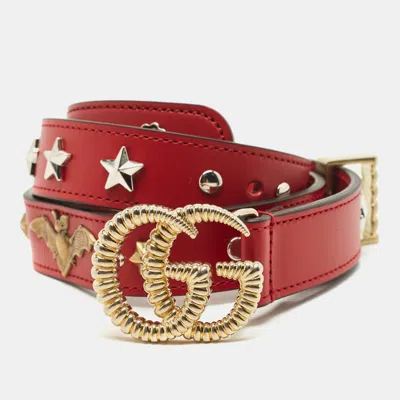 Pre-owned Gucci Red Leather Gg Torchon Embellished Buckle Belt 75cm