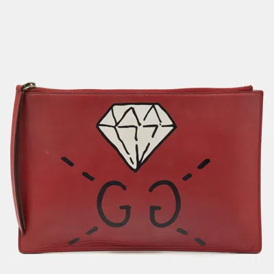 Pre-owned Gucci Red Leather Ghost Diamond Print Zip Pouch Clutch