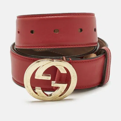 Pre-owned Gucci Red Leather Interlocking G Buckle Belt 95 Cm