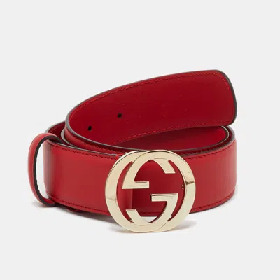 Pre-owned Gucci Red Leather Interlocking G Buckle Belt Size 80cm