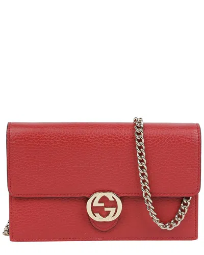 Gucci Red Leather Interlocking Mini Wallet On Chain In Purple