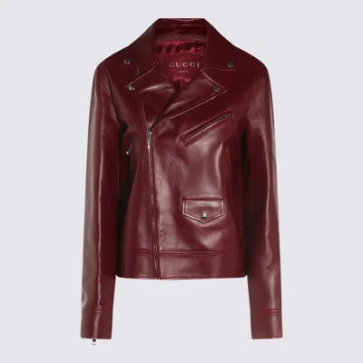 Gucci Leather Biker Jacket Puffer Jackets Brown In Red