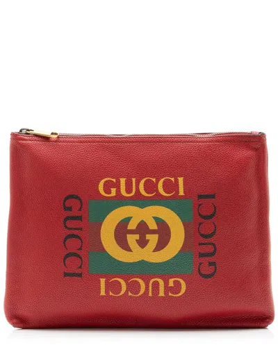 Pre-owned Gucci Red Leather Logo Zip Pouch (authentic Pre-loved)
