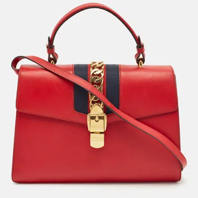 Pre-owned Gucci Red Leather Medium Web Sylvie Top Handle Bag