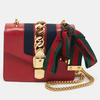 Pre-owned Gucci Red Leather Mini Web Chain Sylvie Shoulder Bag