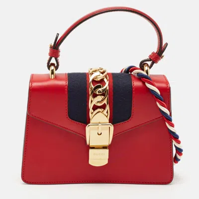 Pre-owned Gucci Red Leather Mini Web Sylvie Top Handle Bag
