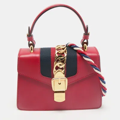 Pre-owned Gucci Red Leather Mini Web Sylvie Top Handle Bag
