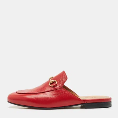 Pre-owned Gucci Red Leather Princetown Flat Mules Size 37