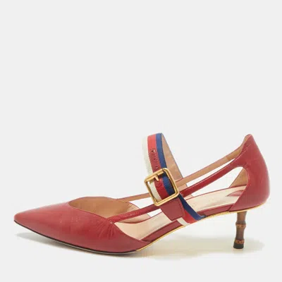 Pre-owned Gucci Red Leather Sylvie Web Strap Bamboo Heel Unia Pumps Size 38