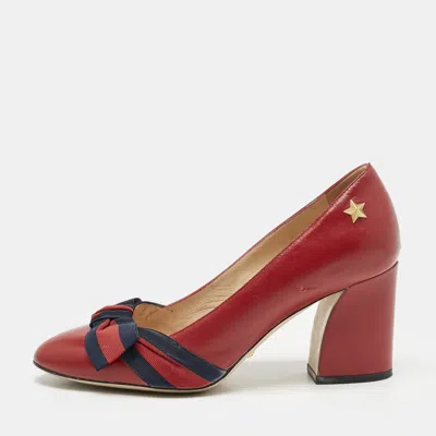Pre-owned Gucci Red Leather Web Bow Block Heel Pumps Size 36.5