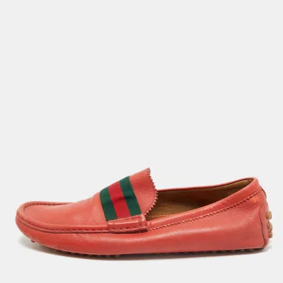 Pre-owned Gucci Red Leather Web Slip On Loafers Size 42