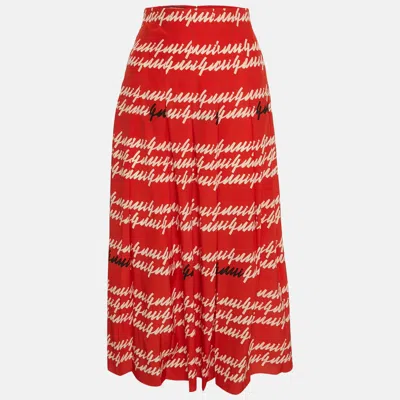 Pre-owned Gucci Red Letters Print Silk Pleated Midi Skirt S