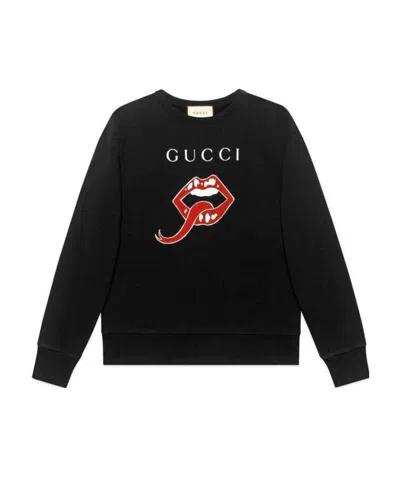 Gucci Red Lip Printed Hoodie In Black