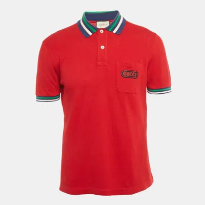 Pre-owned Gucci Red Logo Applique Cotton Polo T-shirt M