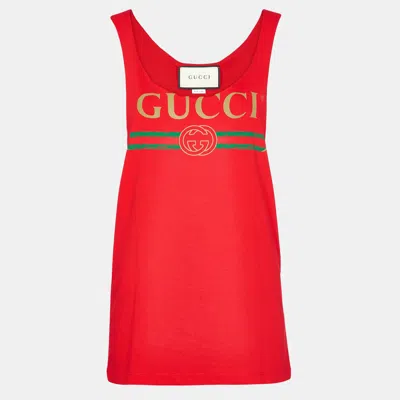 Pre-owned Gucci Red Logo Print Cotton Jersey Distressed Tank Top Xxs