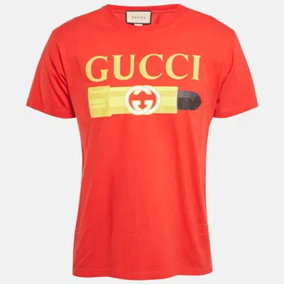 Pre-owned Gucci Red Logo Print Jersey Crew Neck T-shirt S