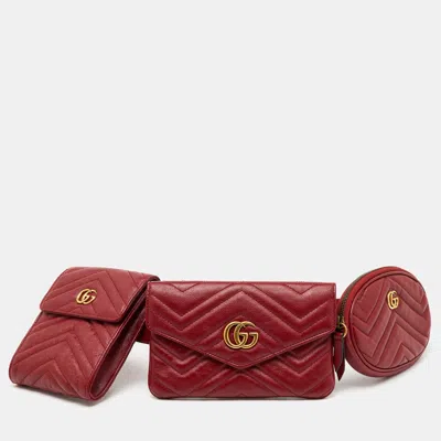 Pre-owned Gucci Red Matelasse Leather Gg Marmont 2.0 Multi Belt Bag