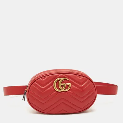 Pre-owned Gucci Red Matelassé Leather Gg Marmont Belt Bag