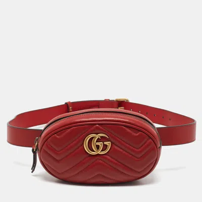 Pre-owned Gucci Red Matelassé Leather Gg Marmont Belt Bag