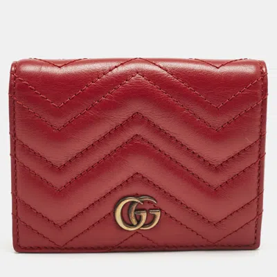 Pre-owned Gucci Red Matelassé Leather Gg Marmont Card Case