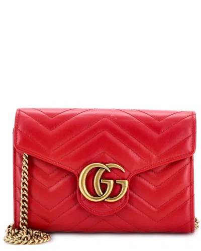 Pre-owned Gucci Red Matelasse Leather Gg Marmont Chain Wallet Mini (authentic Pre-loved)