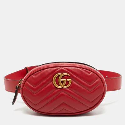 Pre-owned Gucci Red Matelassé Leather Mini Gg Marmont Belt Bag