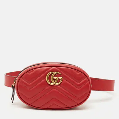 Pre-owned Gucci Red Matelassé Leather Mini Gg Marmont Belt Bag