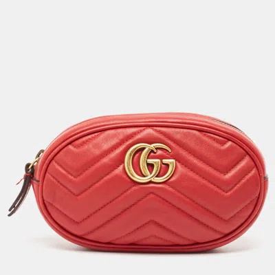 Pre-owned Gucci Red Matelassé Leather Mini Gg Marmont Belt Bag
