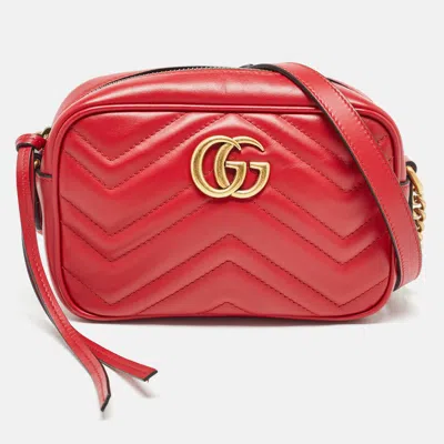 Pre-owned Gucci Red Matelasse Leather Mini Gg Marmont Chain Shoulder Bag