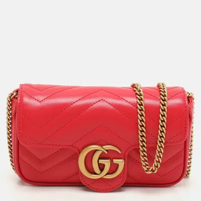 Pre-owned Gucci Red Matelassé Leather Super Mini Gg Marmont Shoulder Bag