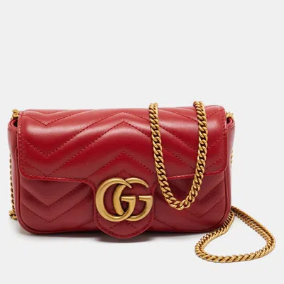 Pre-owned Gucci Red Matelassé Leather Super Mini Gg Marmont Shoulder Bag